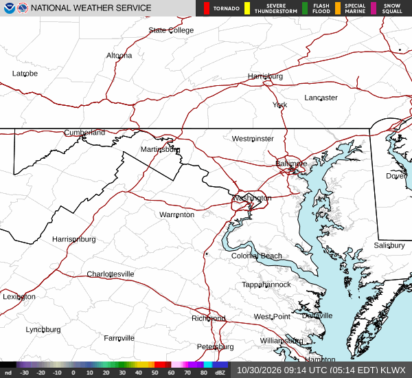 NWS KLWX radar loop covering Frederick, Maryland
